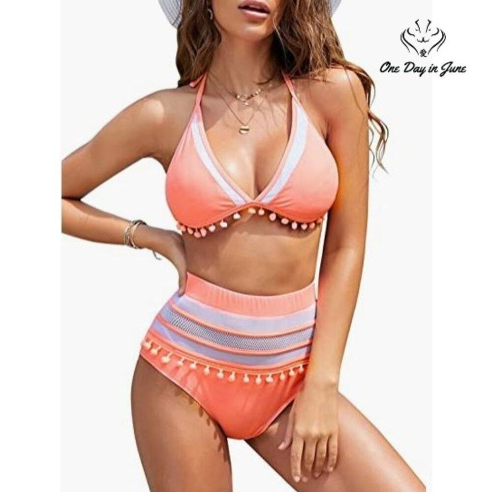 Bdcoco High Waist Halter Tassel Bikini Swimsuit Size XL